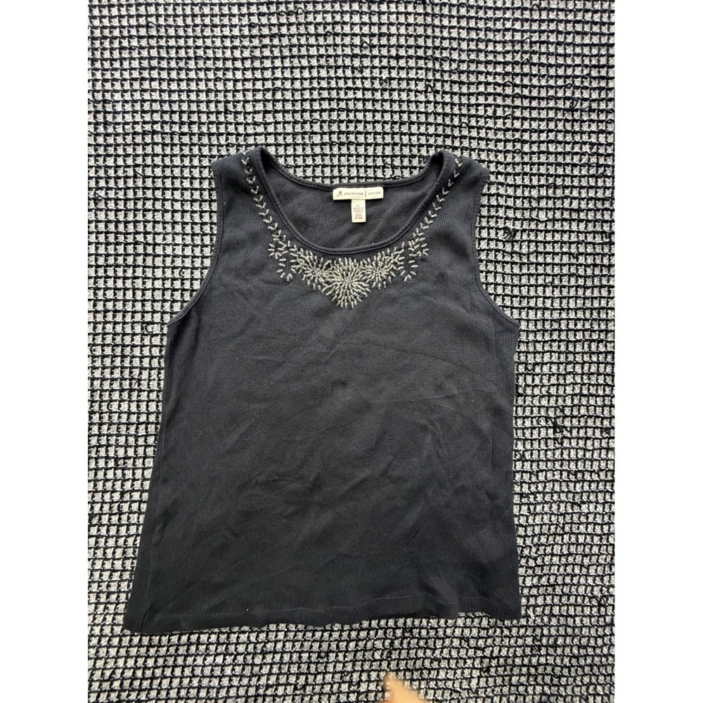 JM Collection Tank Top Women PL Black Beaded Neck Ribbed Cotton